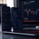 Two smartphones displaying trading interfaces with a desktop screen in the background showing market graphs.