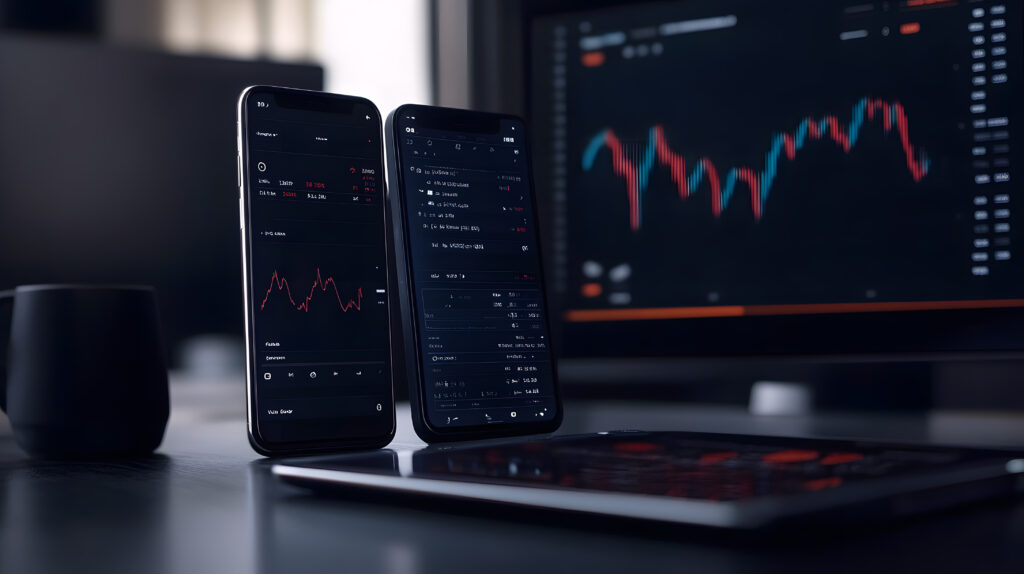 Two smartphones displaying trading interfaces with a desktop screen in the background showing market graphs.