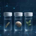 Three glass vials with specimens: a caterpillar in the first, a human brain model in the second, and a green leaf in the
