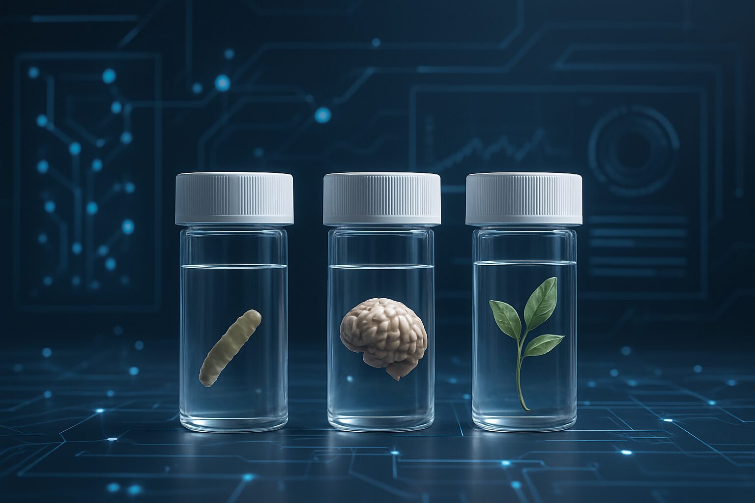 Three glass vials with specimens: a caterpillar in the first, a human brain model in the second, and a green leaf in the